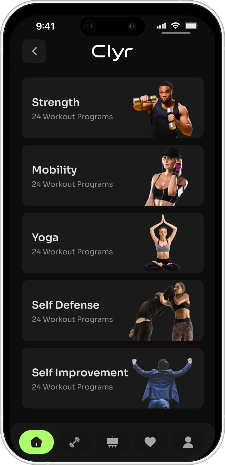 CLYR mobile app program category screen